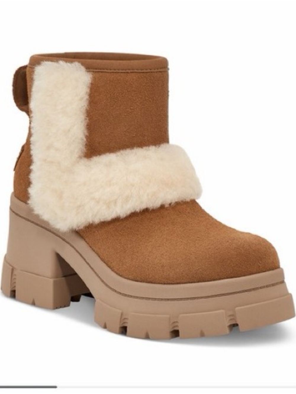 UGG Chestnut Suede Shearling-Trim Chunky Heel Ankle Boots - Picture 2 of 5